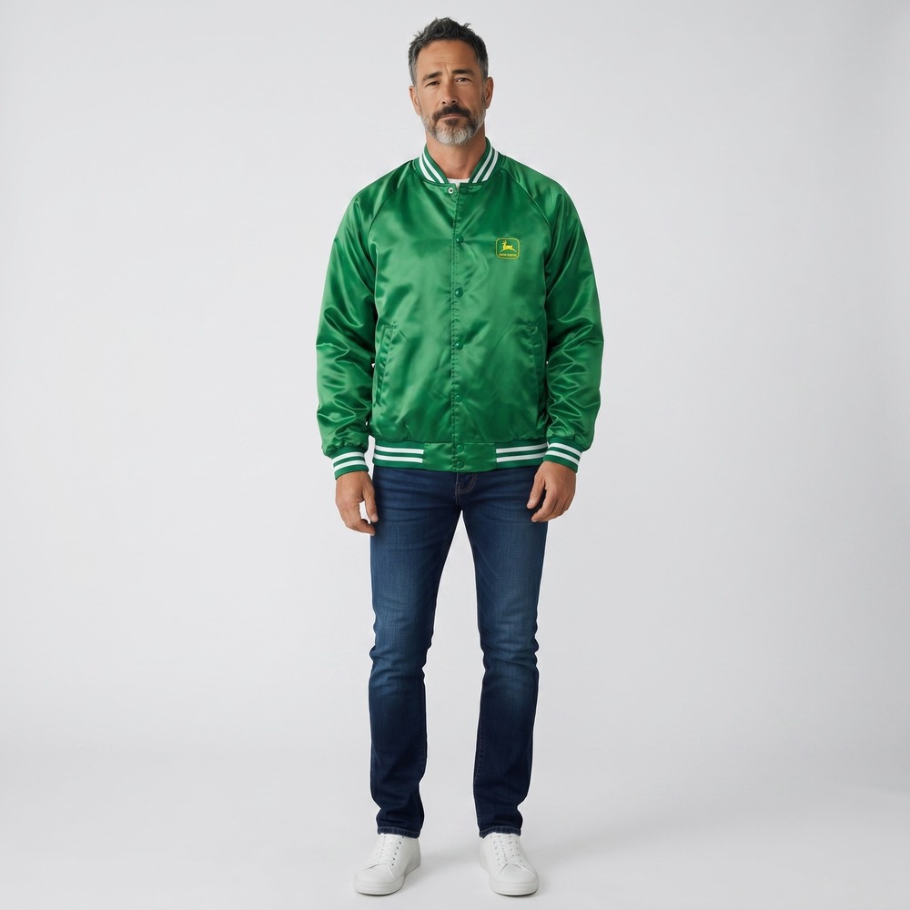 Vintage John Deere Auburn Sportswear Green Satin Bomber Jacket Mens Large USA